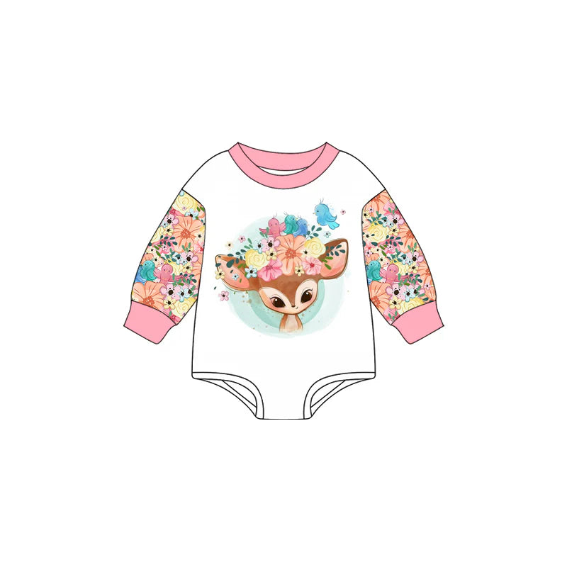 7.16Preorder (moq 5)Baby Girls Pink Long Sleeves Flowers Deer Birds Romper
