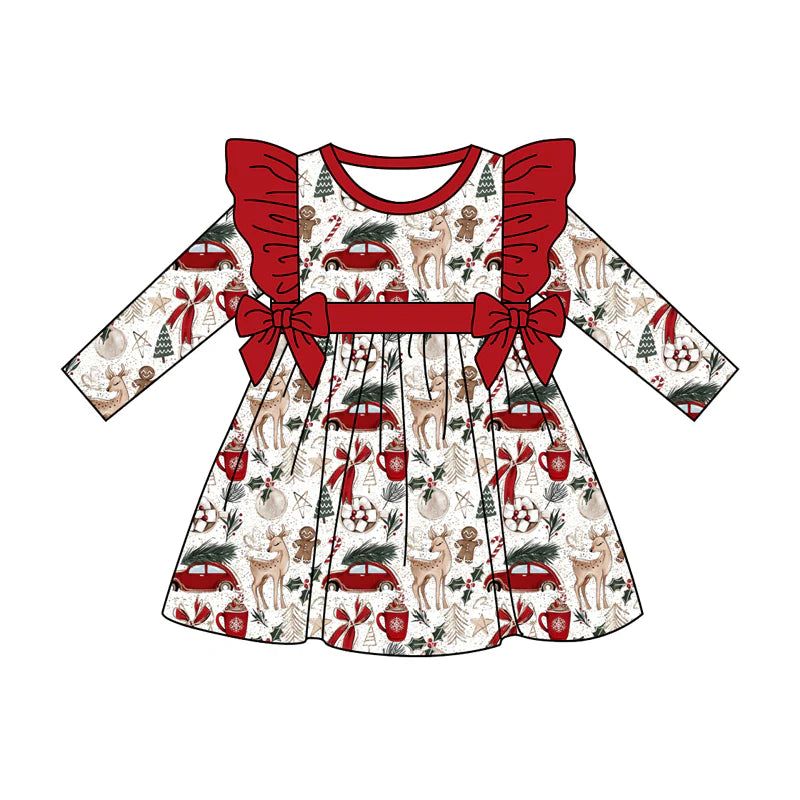 7.21Preorder (moq 5)Baby Girls Long Ruffle Sleeves Red Bows Deer Gingerbread Knee Length Dress