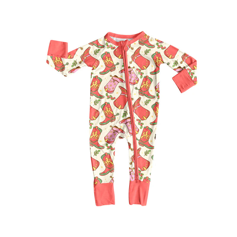 7.16Preorder (moq 5)Baby Girls Long Sleeves Peach Boots Holly Plaid Zipper Romper