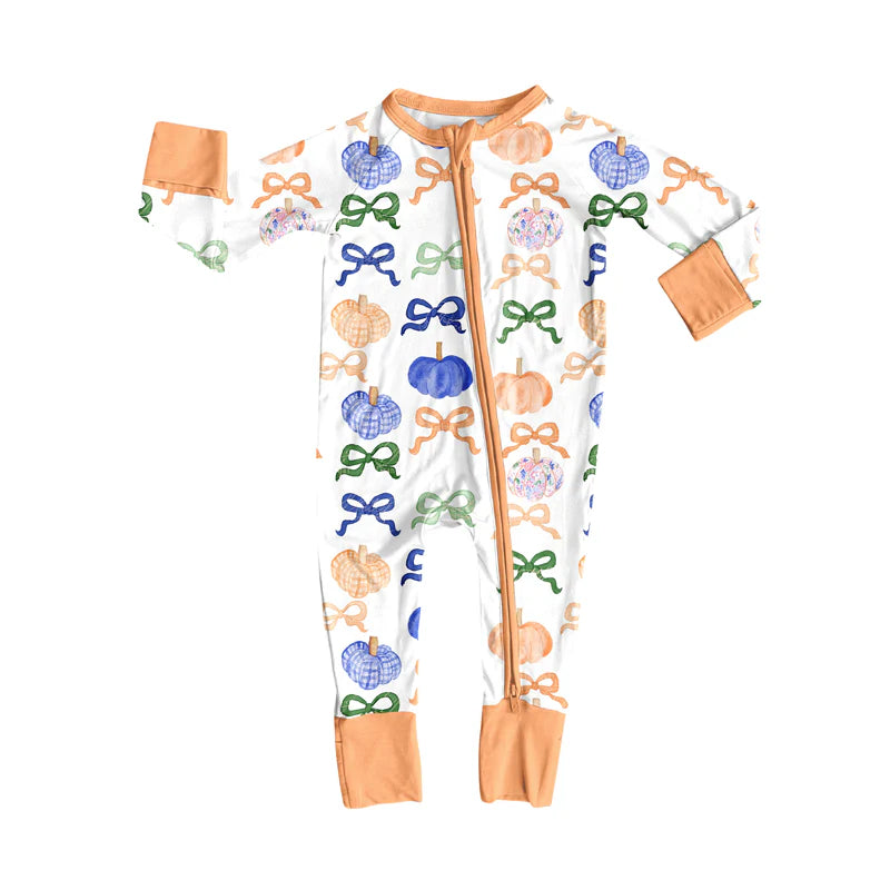 8.6Preorder(moq 5)Baby Infant Boys Long Sleeves Colorful Bows Pumpkins Fall Zipper Rompers
