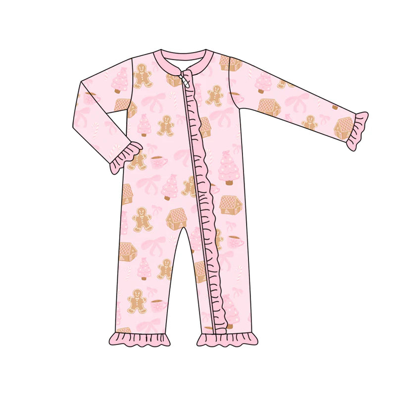 7.16Preorder (moq 5)Baby Girls Long Sleeves Pink Bows Gingerbread Trees Ruffle Zipper Romper