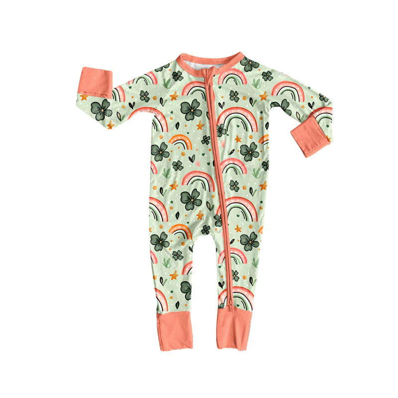 X927Preorder (moq 5)Baby Girls Clovers Rainbows St Patrick Zipper Footie Rompers