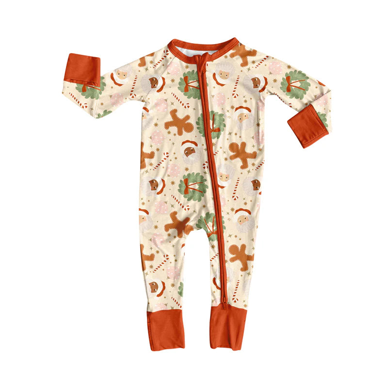 7.19Preorder(moq 5)Baby Kids Santa Gingerbread Holly Zipper Pant Rompers