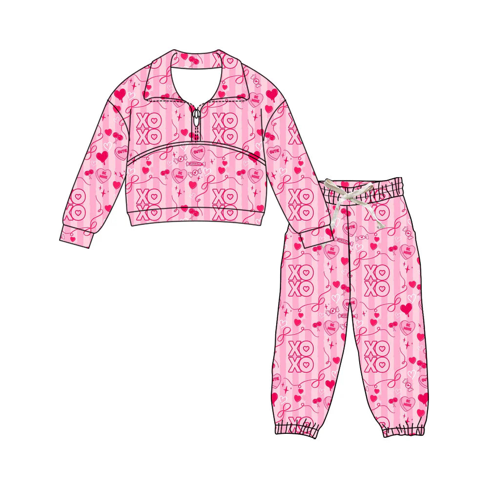 X1.16Preorder (moq 5)Baby Girls Pink Stripe Hearts XOXO Zipper Pullover Pants Valentines Clothes Sets