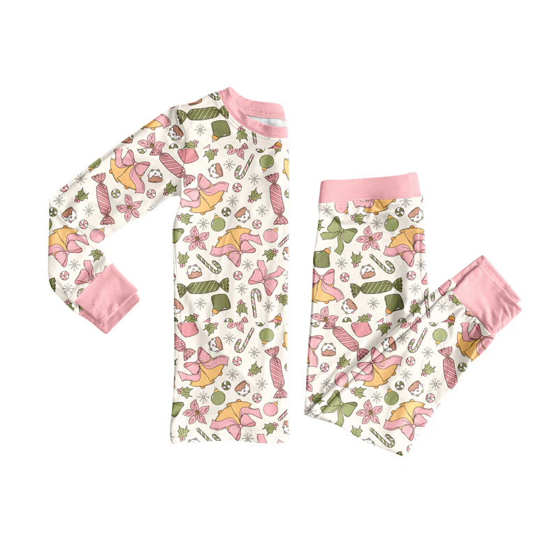 7.12Preorder (moq 5)Baby Girls Long Sleeves Pink Bows Trees Plaid Top Pants Pajamas Set