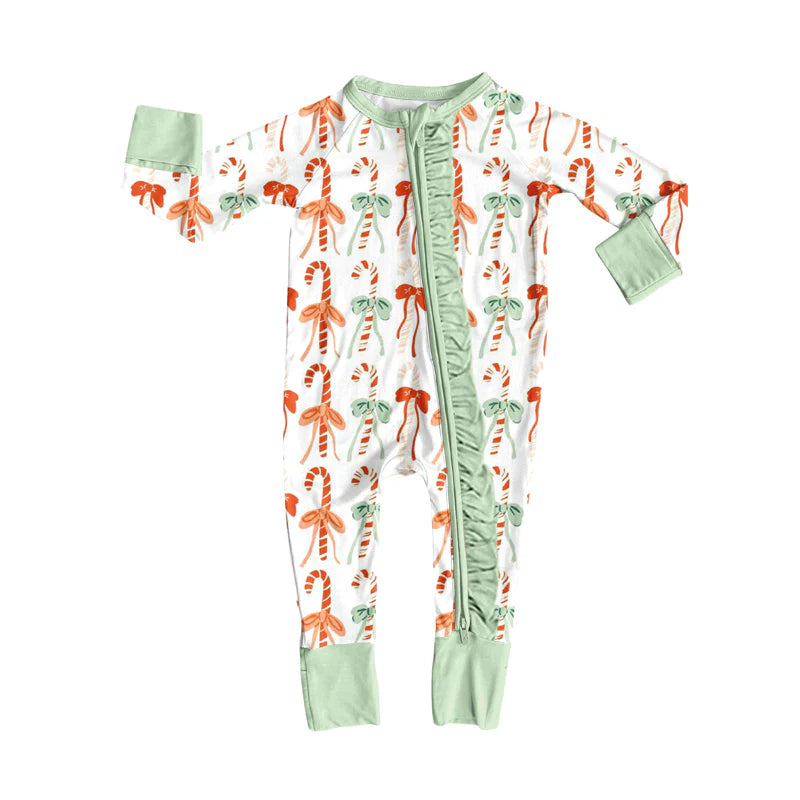 8.12Preorder(moq 5)Baby Girls Christmas Green Bows Zipper Footie Rompers