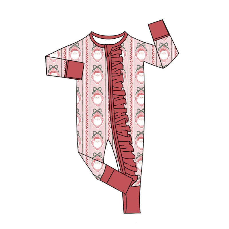 X903Preorder(moq 5)Baby Girls Red Bows Santa Stripe Christmas Ruffle Zipper Footie Rompers