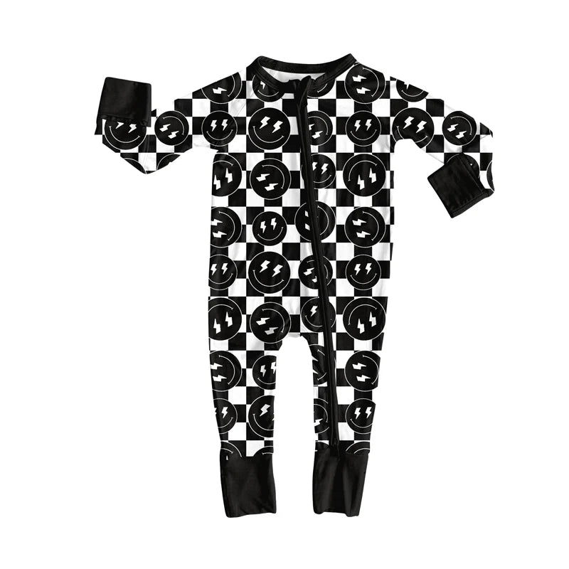 X8.15Baby Infant Boys Western Black Checkered Smiles Zipper Footie Rompers