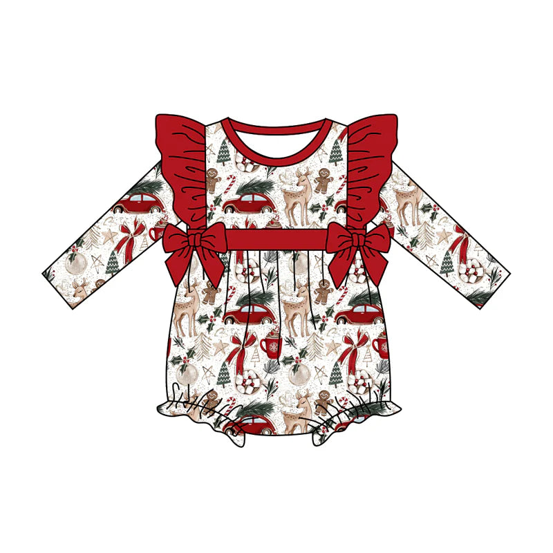 7.19Preorder(moq 5)Baby Girls Deer Gingerbread Trees Bows Ruffle Rompers