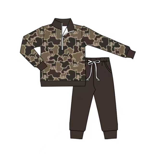 X904Preorder (moq 5)Baby Boys Dark Brown Deer Camo Zipper Pullover Pockets Jogger Western Clothes Sets