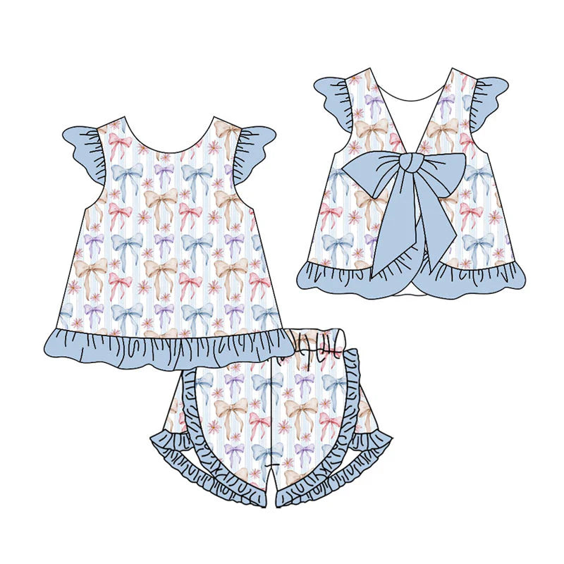 X11.19Preorder(moq 5) Baby Girls Colorful Bows Stripe Back Bow Tunic Ruffle Shorts Clothes Sets
