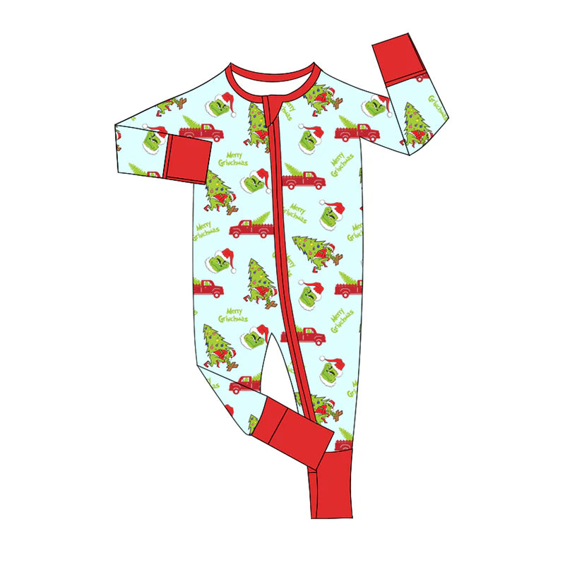 8.6Preorder(moq 5)Baby Infant Boys Long Sleeves Green Face Christmas Trees Zipper Rompers
