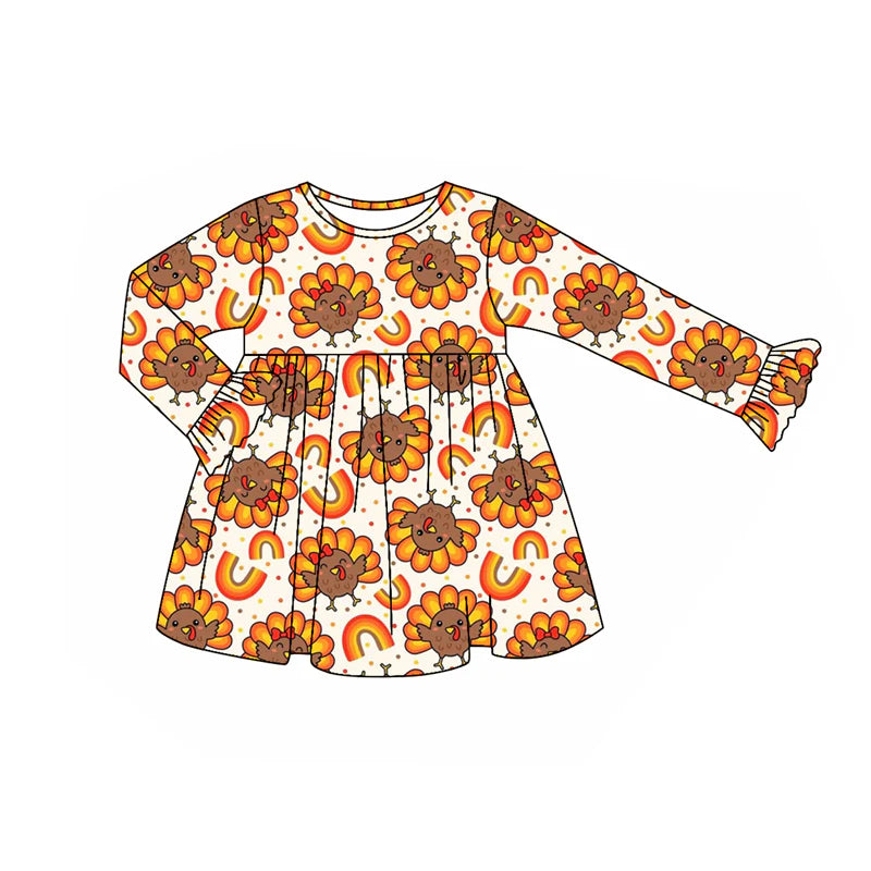 7.21Preorder (moq 5)Baby Girls Long Ruffle Sleeves Turkey Rainbows Plaid Knee Length Dresses