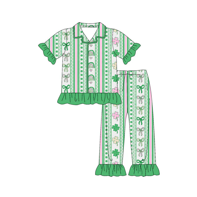 X919Preorder (moq 5)Baby Girls Green Clovers Stripe Button Top Ruffle Pants St Patrick Pajamas Sets
