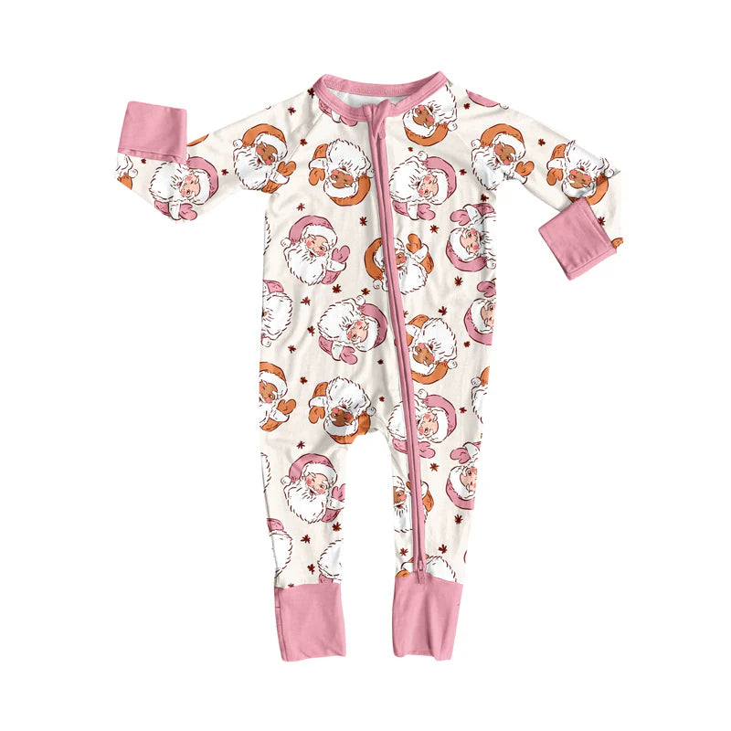 7.16Preorder (moq 5)Baby Girls Long Sleeves Pink Santa Leaves Plaid Zipper Romper