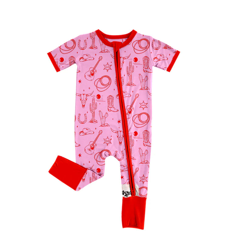 X918Preorder (moq 5)Baby Girls Bull Skulls Boots Cactus Western Zipper Footie Rompers