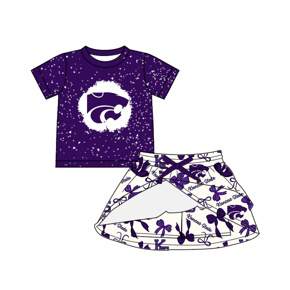 6.28Preorder (moq 5)Baby Boys Purple Short Sleeves KS Top Bows Plaid Skorts Team Clothes Sets