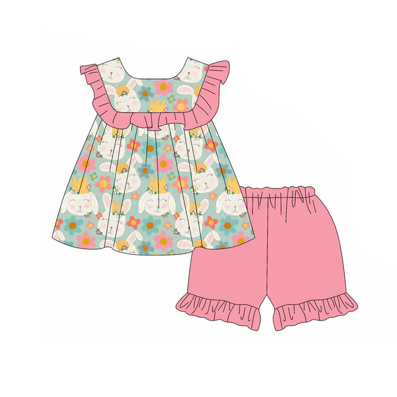 X11.15Preorder(moq 5) Baby Girls Rabbits Flowers Tunic Ruffle Shorts Easter Clothes Sets
