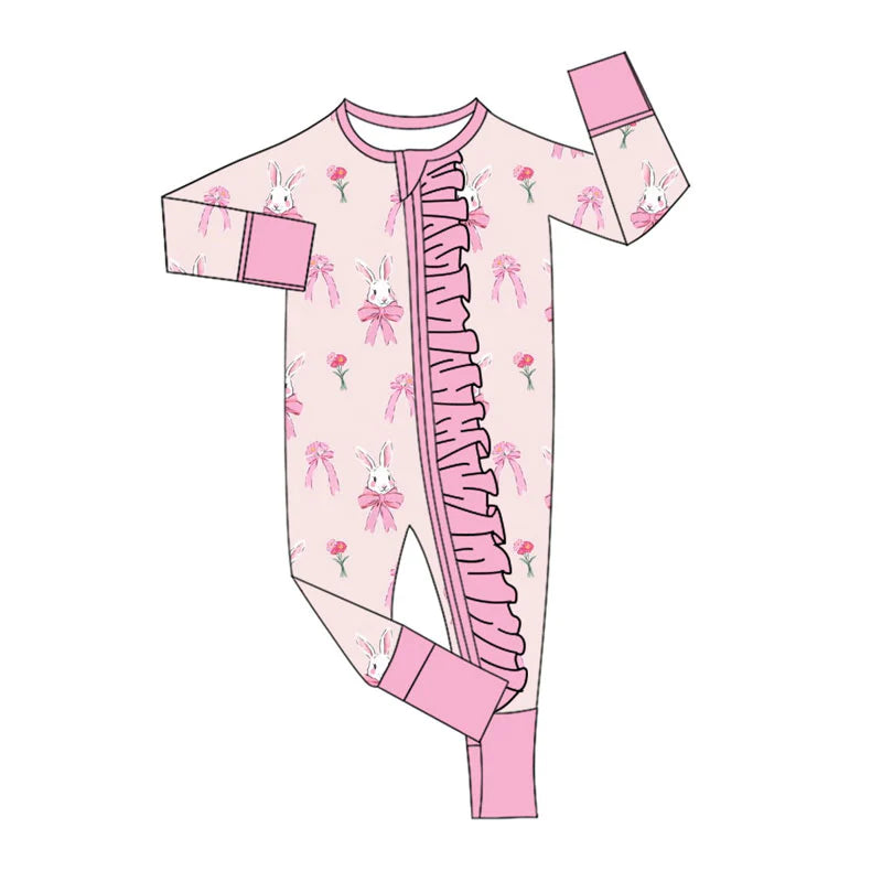 X922Preorder (moq 5)Baby Girls Pink Flowers Rabbits Easter Ruffle Zipper Footie Rompers