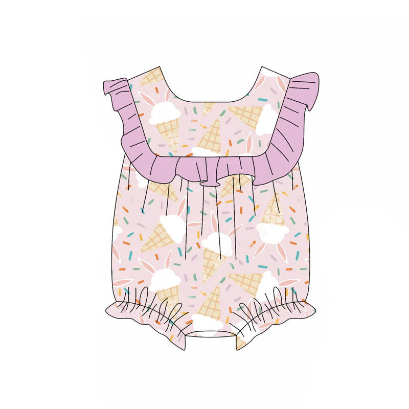 X11.15 Preorder (moq 5)Baby Girls Rabbits Sprinkles Easter Ruffle Rompers