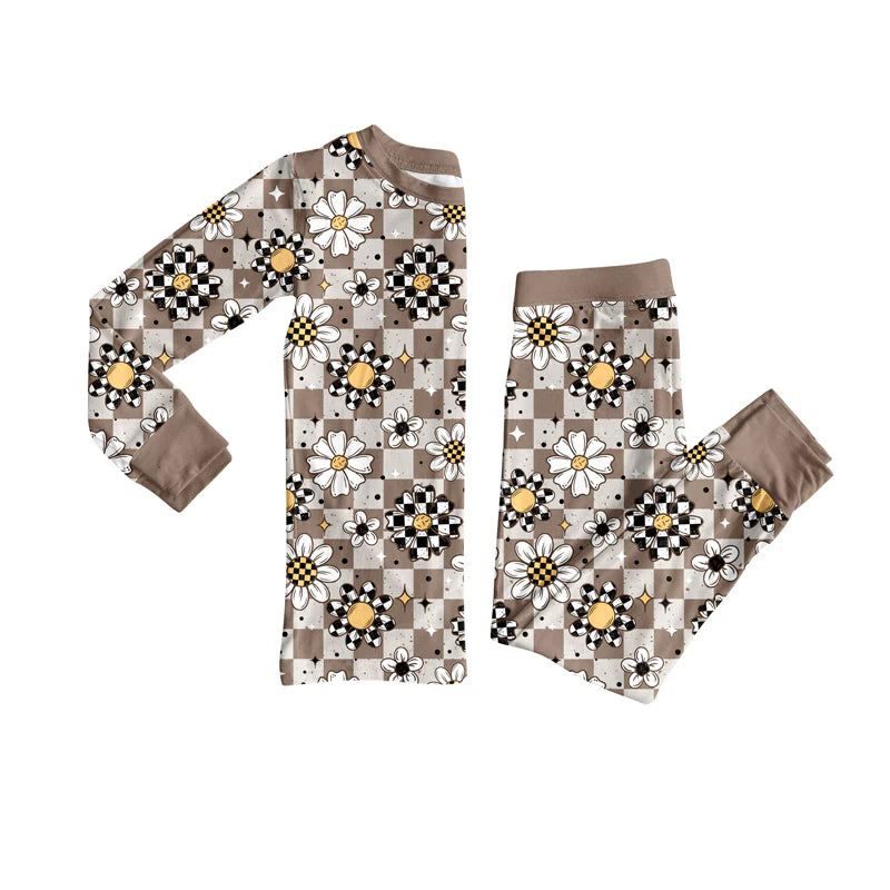 8.1preorder(moq 5) Baby Girls Long Sleeves Khaki Flowers Plaid Top Pants Pajamas Set
