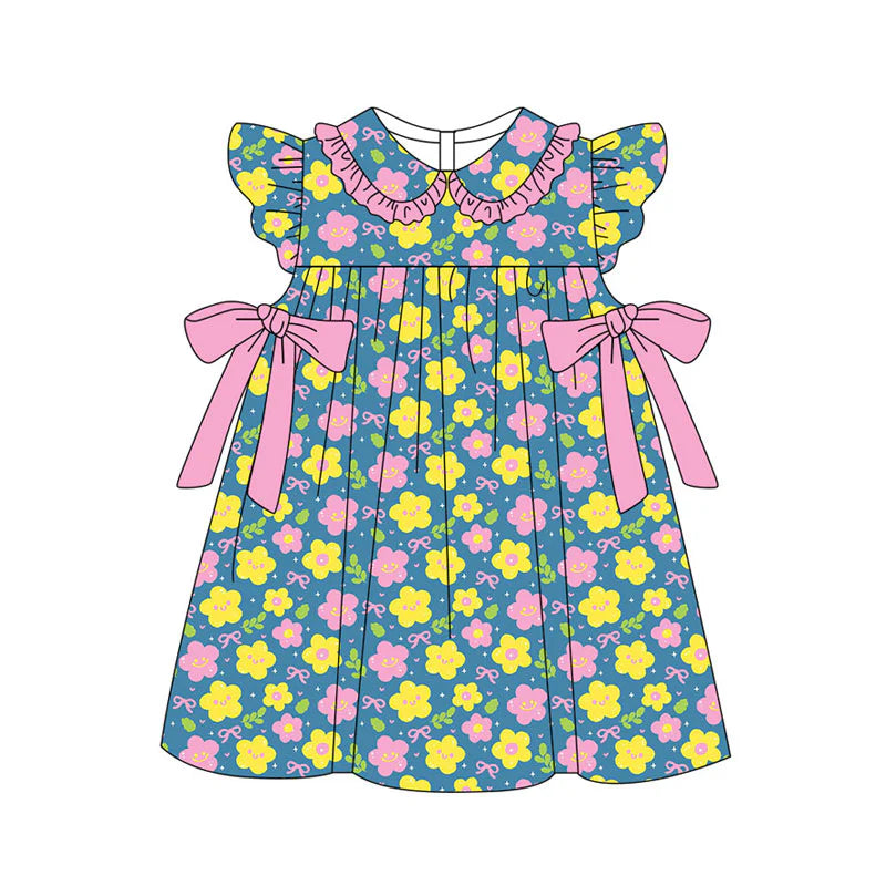 X11.14Preorder(moq 5) Baby Girls Pink Yellow Flower Bows Ruffle Collar Knee Length Dresses