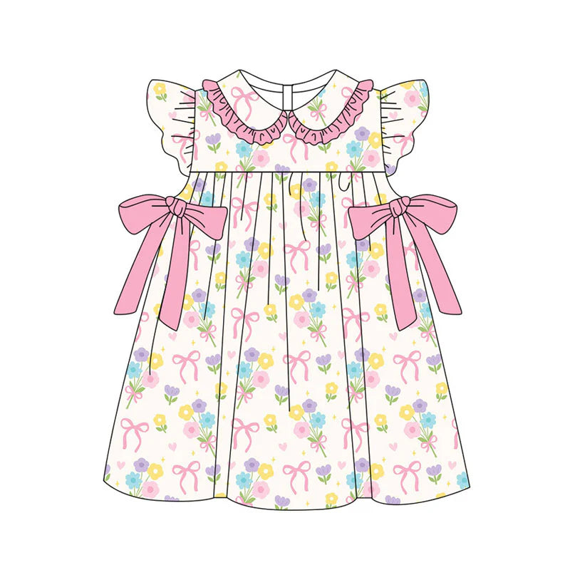 X11.14Preorder(moq 5) Baby Girls Colorful Flower Bows Ruffle Collar Knee Length Dresses