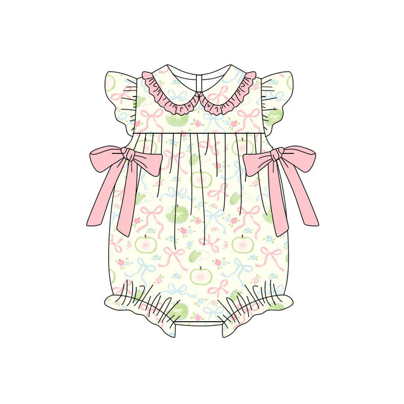 X11.14Preorder (moq 5)Baby Girls Apples Flower Bows Ruffle Collar Rompers
