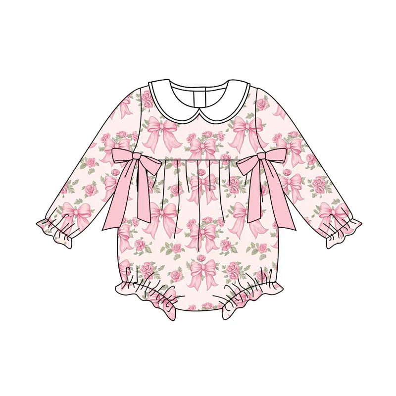 7.19Preorder(moq 5)Baby Girls Pink Flowers Bows Plaid Ruffle Rompers