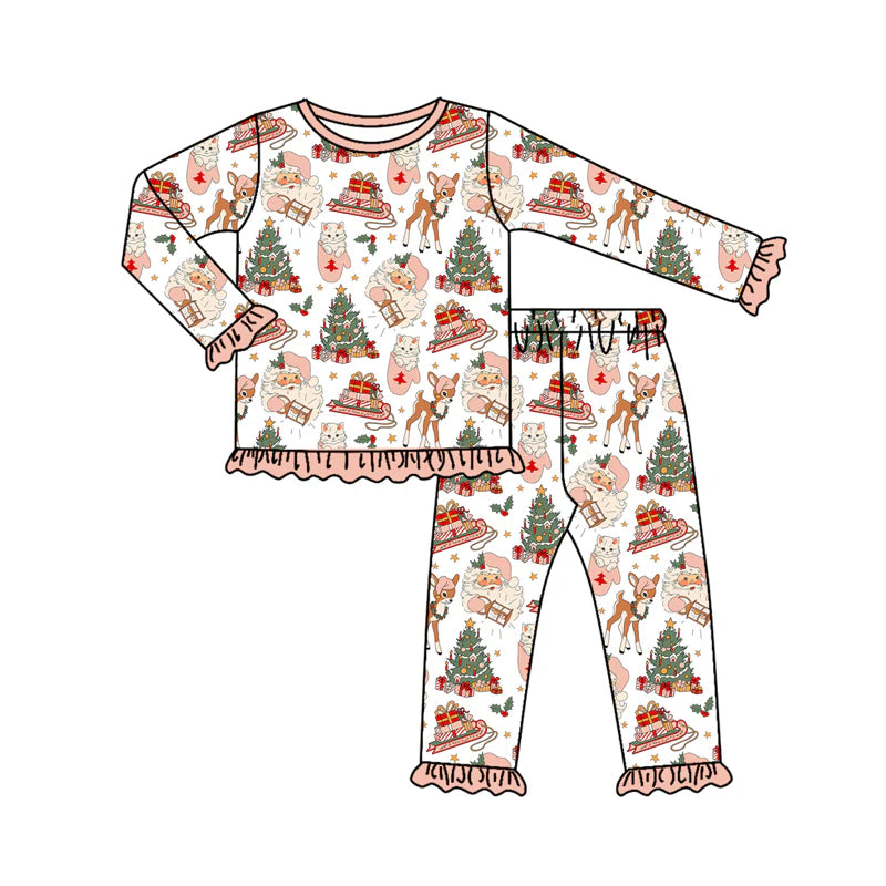 7.11Preorder (moq 5)Baby Girls Long Ruffle Sleeves Deer Tree Top Pants Pajamas Set