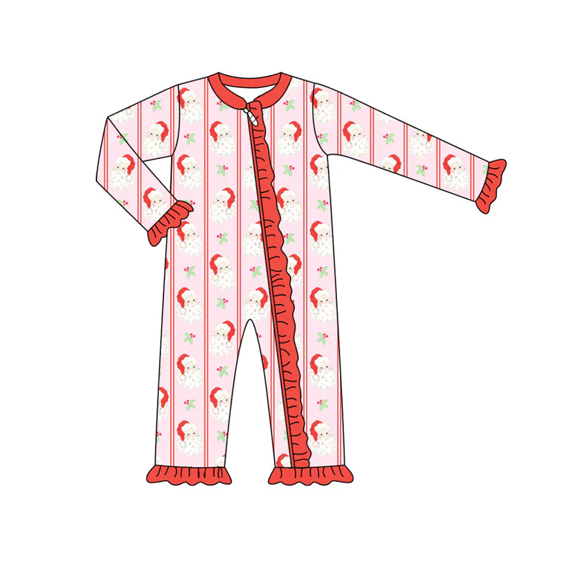 7.12Preorder (moq 5)Baby Girls Red Long Ruffle Sleeves Santa Holly Stripe Ruffle Zipper Romper