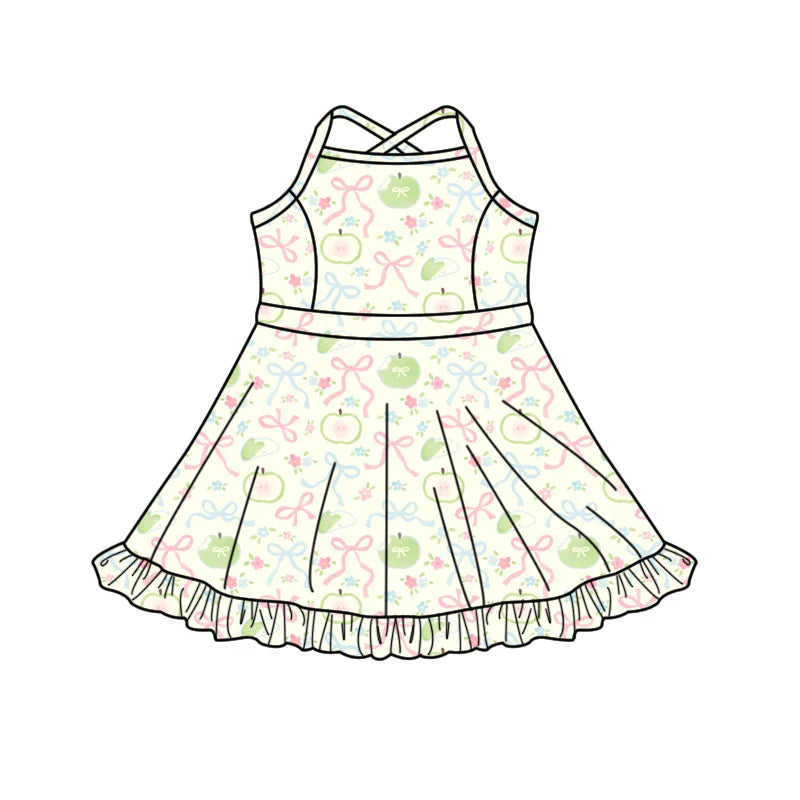 X11.14Preorder(moq 5) Baby Girls Apples Flower Bows Strap Ruffle Shorts Knee Length Dresses