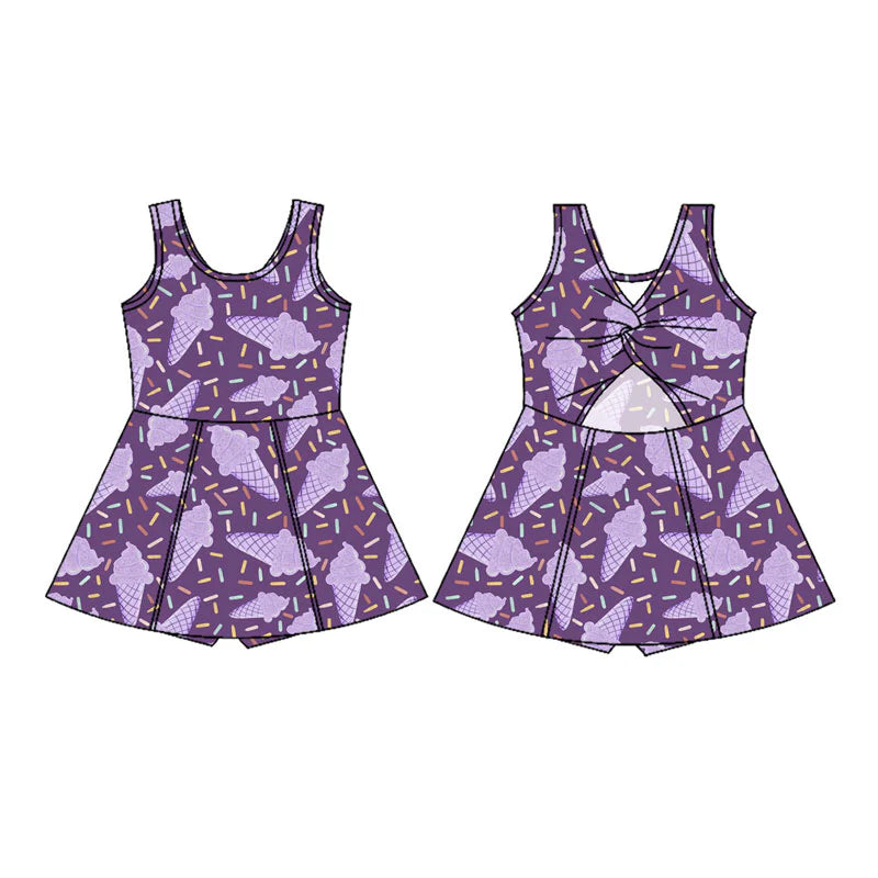 X11.13Preorder(moq 5) Baby Girls Purple Ice Cream Sprinkles Shorts Knee Length Dresses