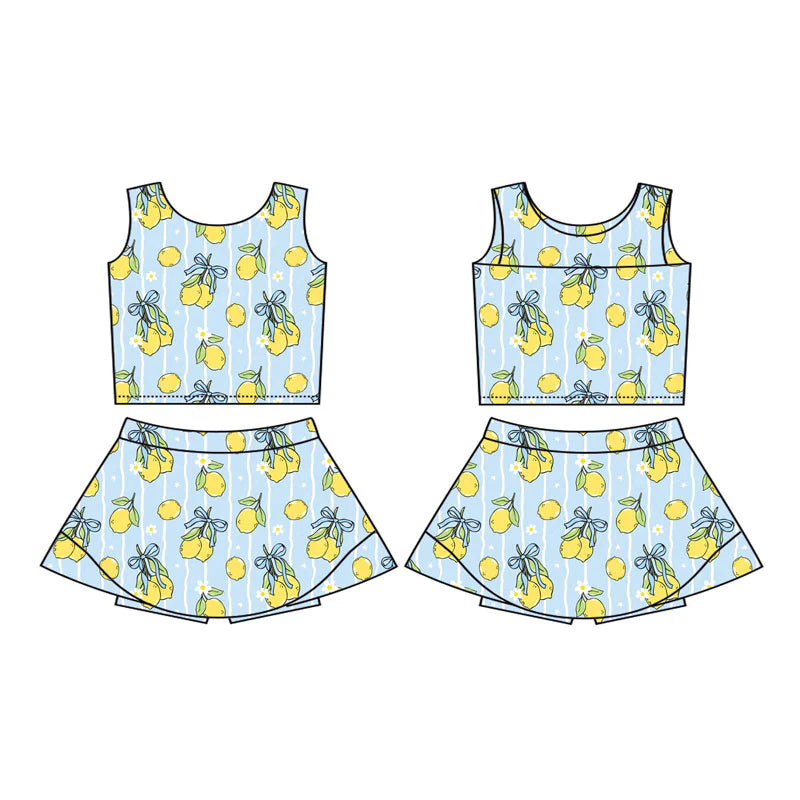 X11.13Preorder(moq 5) Baby Girls Blue Stripe Flowers Lemons Vest Skirt Shorts Clothes Sets