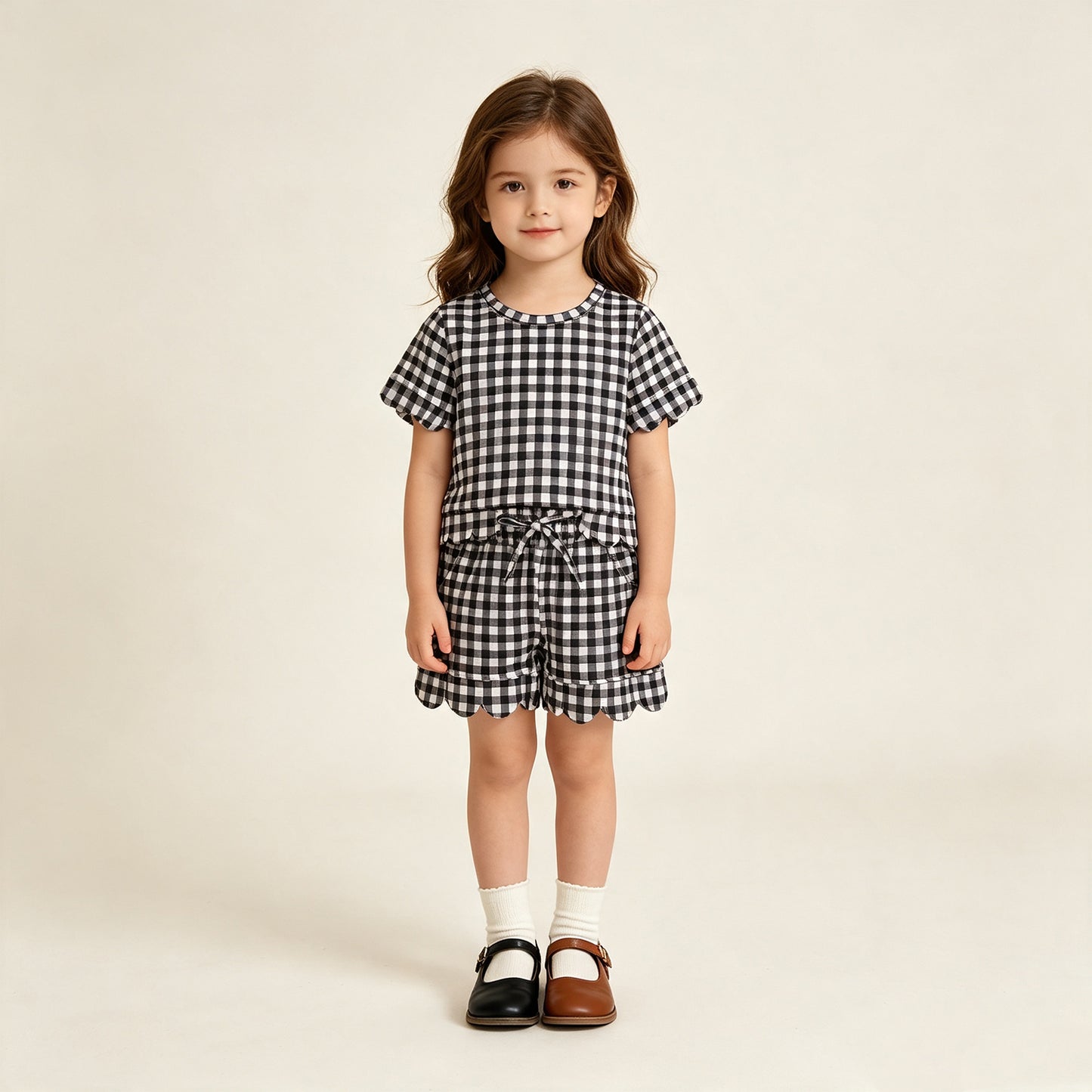NEW RTS NO MOQ milk silk GSSO3842 Baby Girls Black Checked Shirt Top Pockets Short Scallop Clothes Set