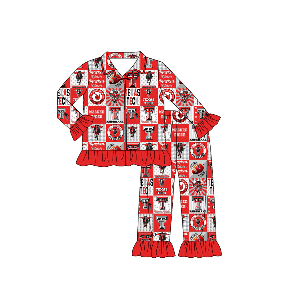 X903Preorder moq 5 Baby Girls Texas Tech Team Buttons Top Pants Pajamas Clothes Sets