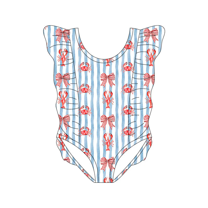 X11.18Preorder(moq 5) Baby Girls Blue Stripe Bows Crabs Crayfishes Ruffle Swimsuits