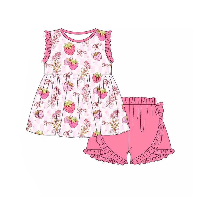 X11.17Preorder(moq 5) Baby Girls Pink Checked Strawberry Bows Tunic Ruffle Shorts Clothes Sets