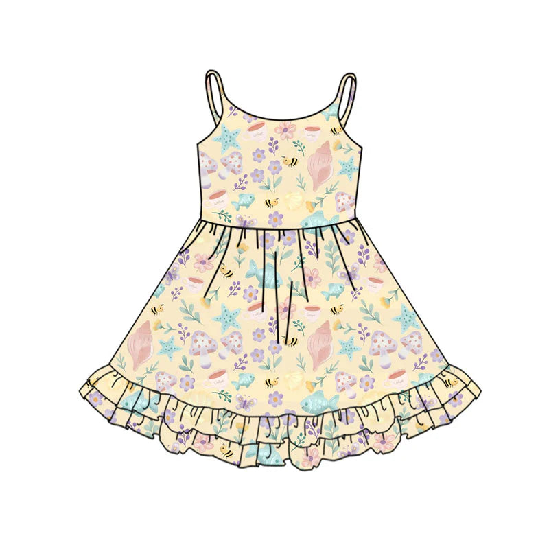 X11.18Preorder(moq 5) Baby Girls Strap Fishes Flowers Ruffle Knee Length Dresses