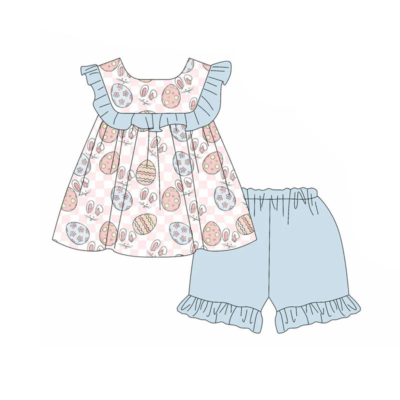 X11.15Preorder(moq 5) Baby Girls Pink Checked Rabbits Eggs Tunic Ruffle Shorts Easter Clothes Sets