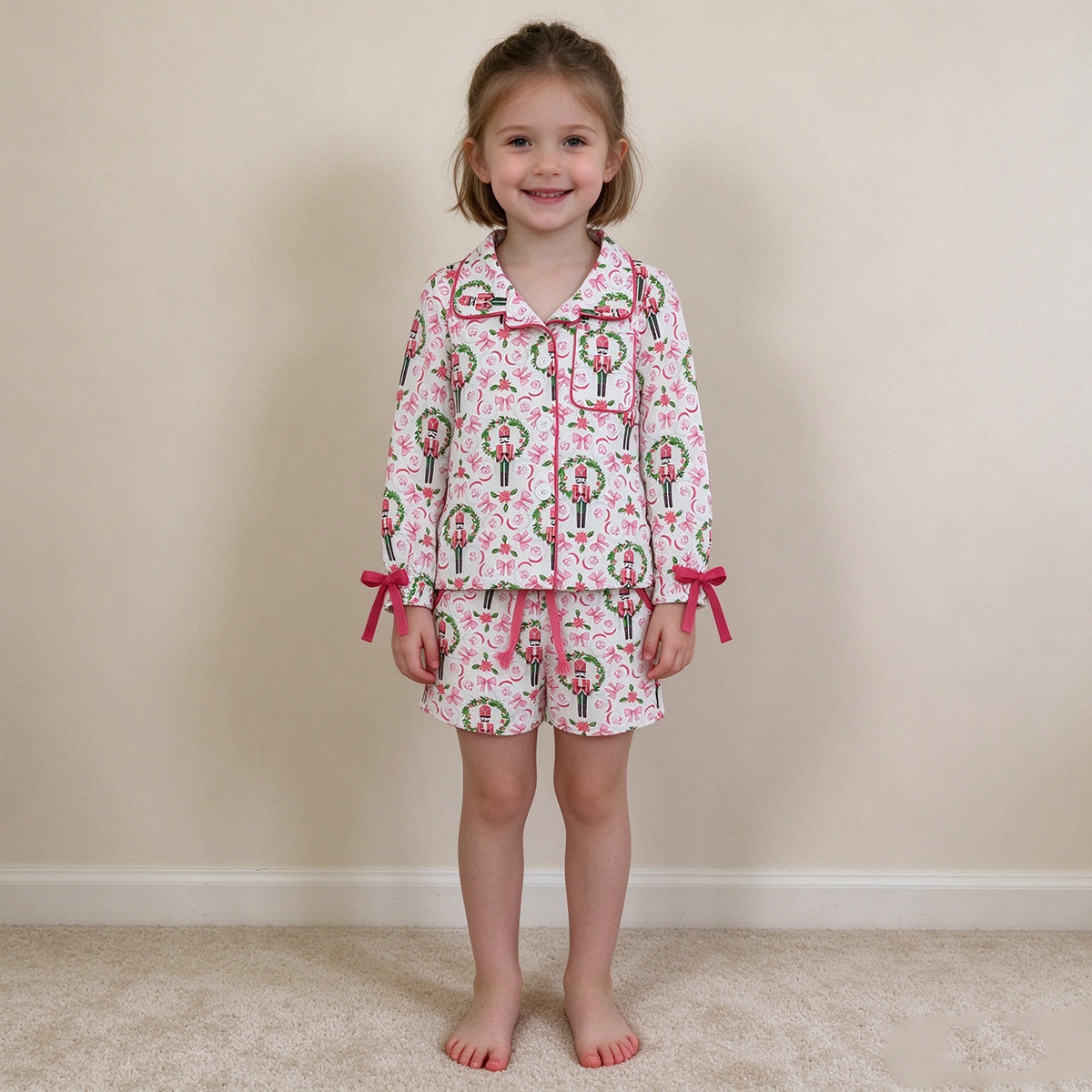 RTS NO MOQ milk silk GLS0173 Baby Girls Bows Soldiers Button Top Pocket Short Christmas Pajamas Sets