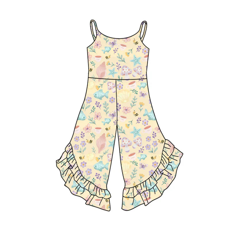 X11.17Preorder(moq 5) Baby Girls Strap Fishes Flowers Ruffle Bell Bottom Jumpsuits