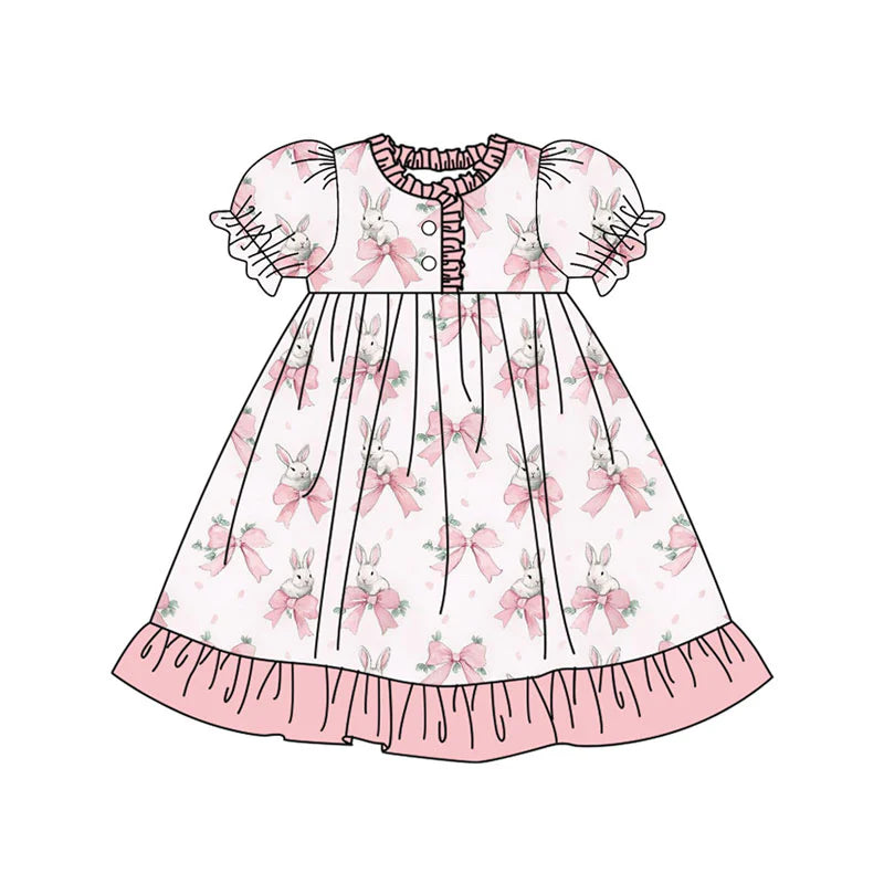X923Preorder (moq 5)Baby Girls Pink Bows Rabbits Easter Button Ruffle Knee Length Dresses