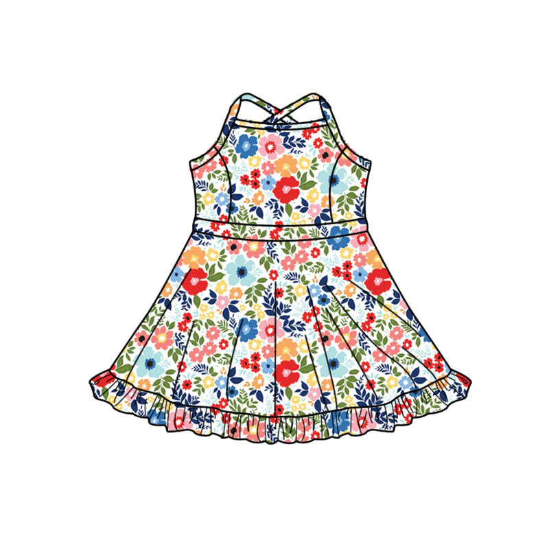 X1.14 Preorder (moq 5)Baby Girls Strap Colorful Flowers Ruffle Shorts Knee Length Dresses