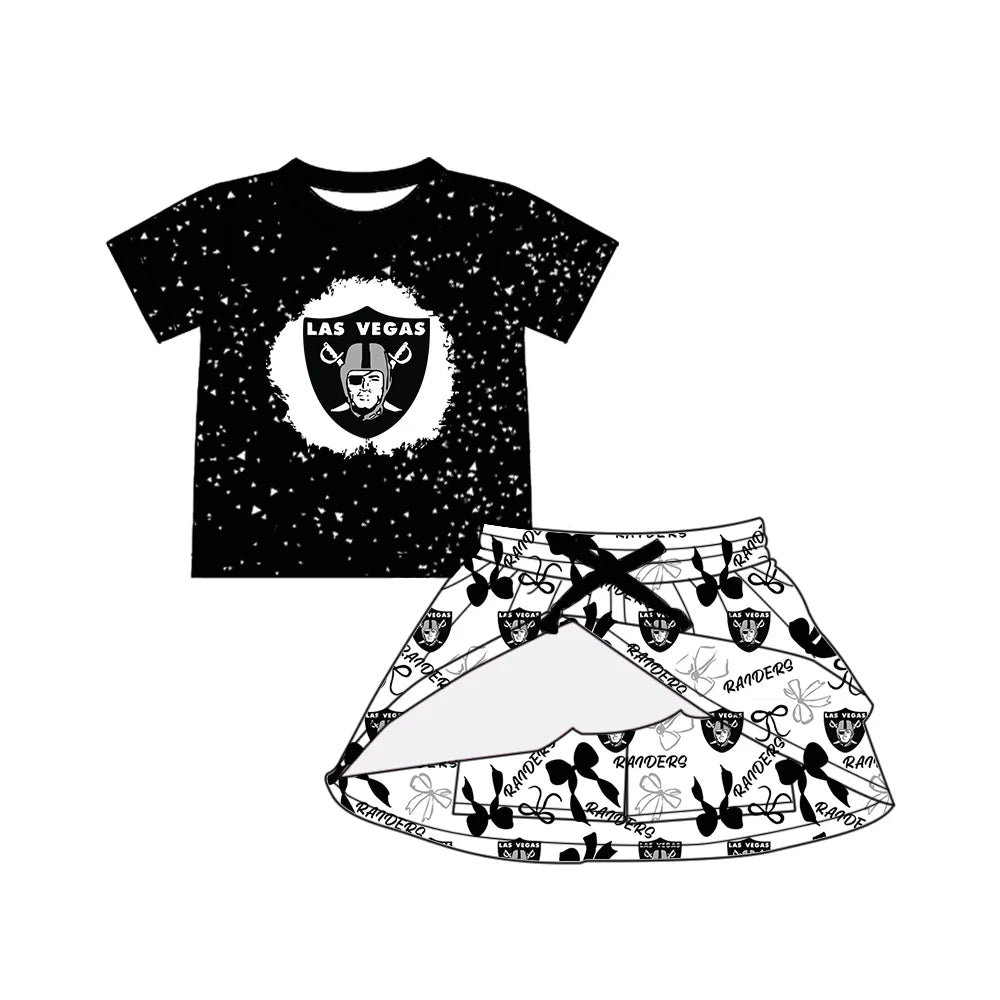 6.30Preorder (moq 5)Baby Girls Black Short Sleeves Raiders Top Bows Plaid Skorts Team Set