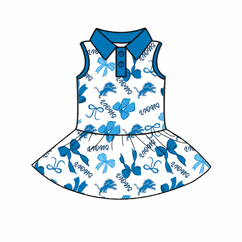 7.1Preorder (moq 5)Baby Girls Sleeveless Blue Bows Plaid Lions Button Team Knee Length Dresses