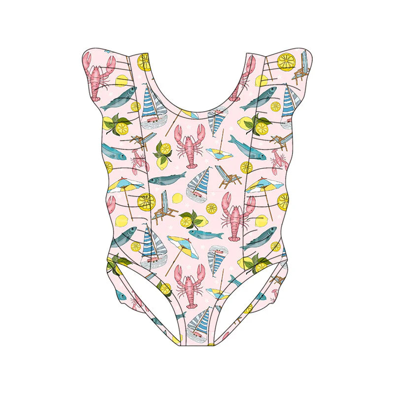 X11.18Preorder(moq 5) Baby Girls Crayfishes Fishes Boats Ruffle Swimsuits