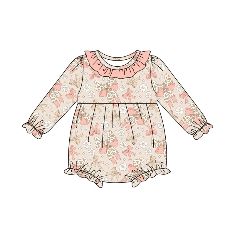 8.9Preorder(moq 5)Baby Infant Girls Peach Camo Bows Flowers Plaid Ruffle Rompers