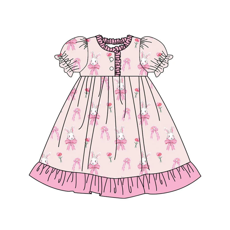 X923Preorder (moq 5)Baby Girls Pink Flowers Rabbits Easter Button Ruffle Knee Length Dresses