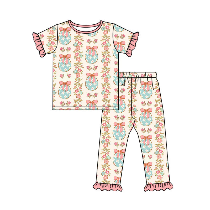 X923Preorder (moq 5)Baby Girls Eggs Flowers Stripe Top Ruffle Pants Easter Clothes Sets